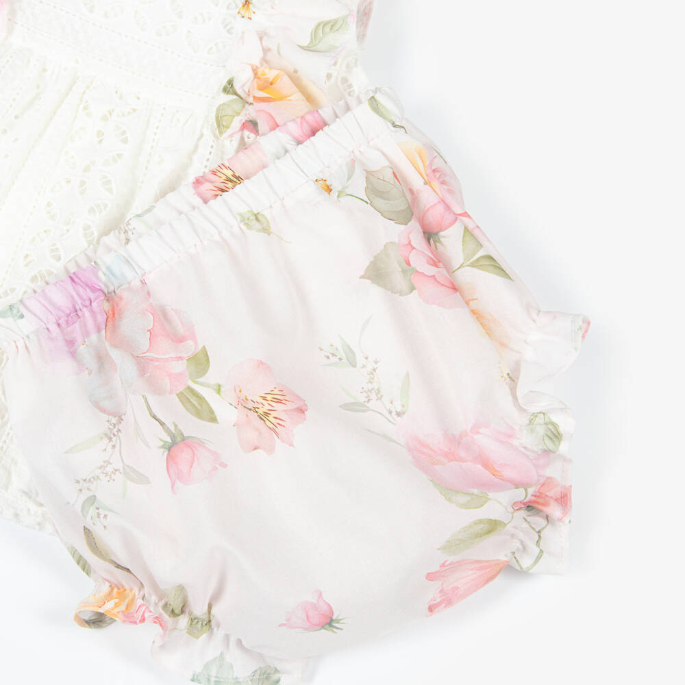 Lapin House-Girls White Cotton Dress with Pink Floral Ruffle Trims | Childrensalon Outlet