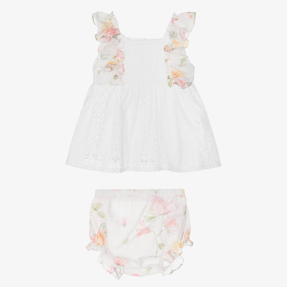 Lapin House-Girls White Cotton Dress with Pink Floral Ruffle Trims | Childrensalon Outlet