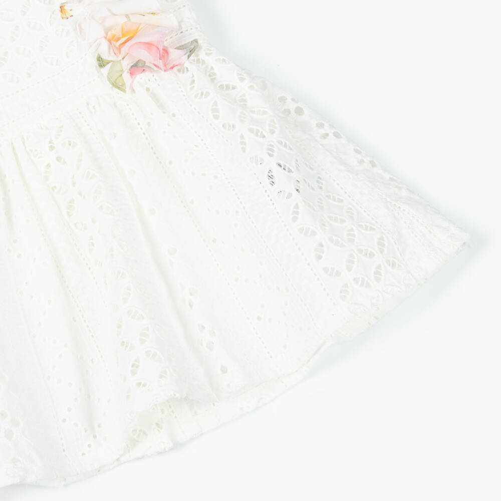 Lapin House-Girls White Cotton Dress with Pink Floral Ruffle Trims | Childrensalon Outlet