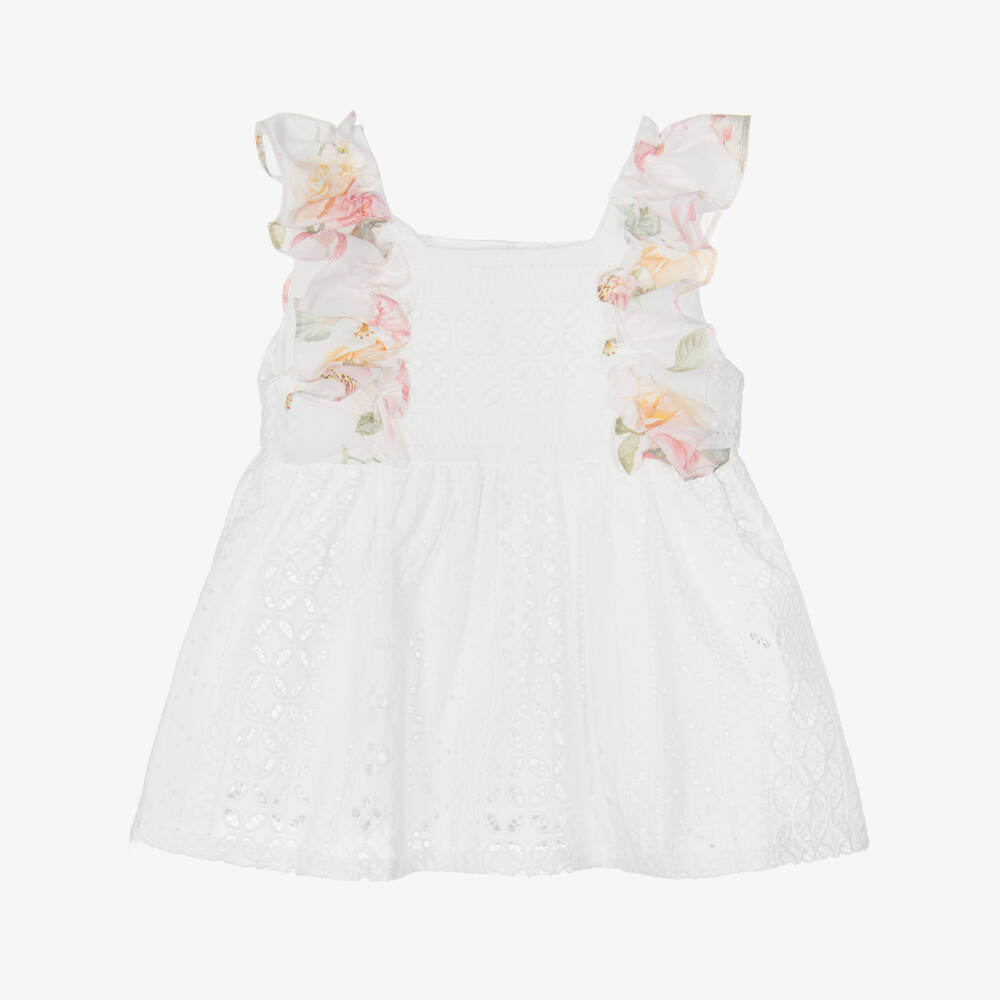 Lapin House-Girls White Cotton Dress with Pink Floral Ruffle Trims | Childrensalon Outlet