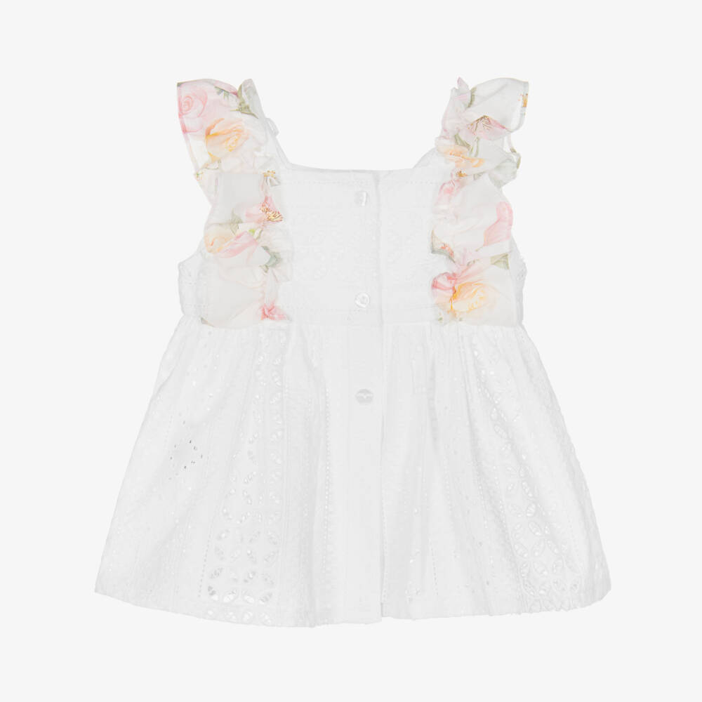 Lapin House-Girls White Cotton Dress with Pink Floral Ruffle Trims | Childrensalon Outlet