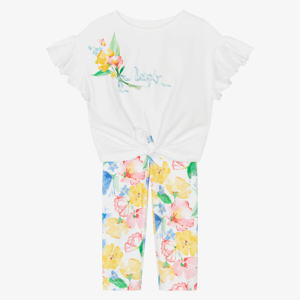 Lapin House-Girls White Cotton Floral Leggings Set | Childrensalon Outlet