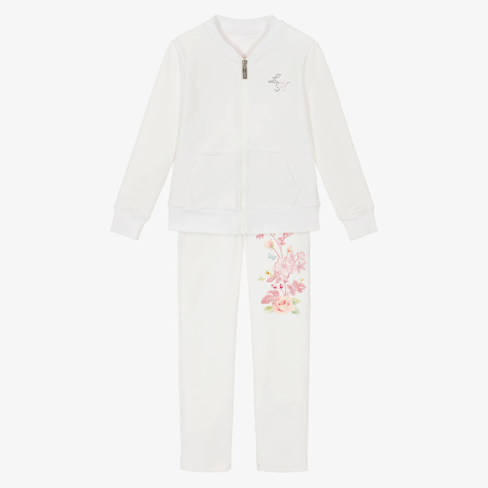 Lapin House-Girls White Cotton Tracksuit with Rose Bouquet Print | Childrensalon Outlet