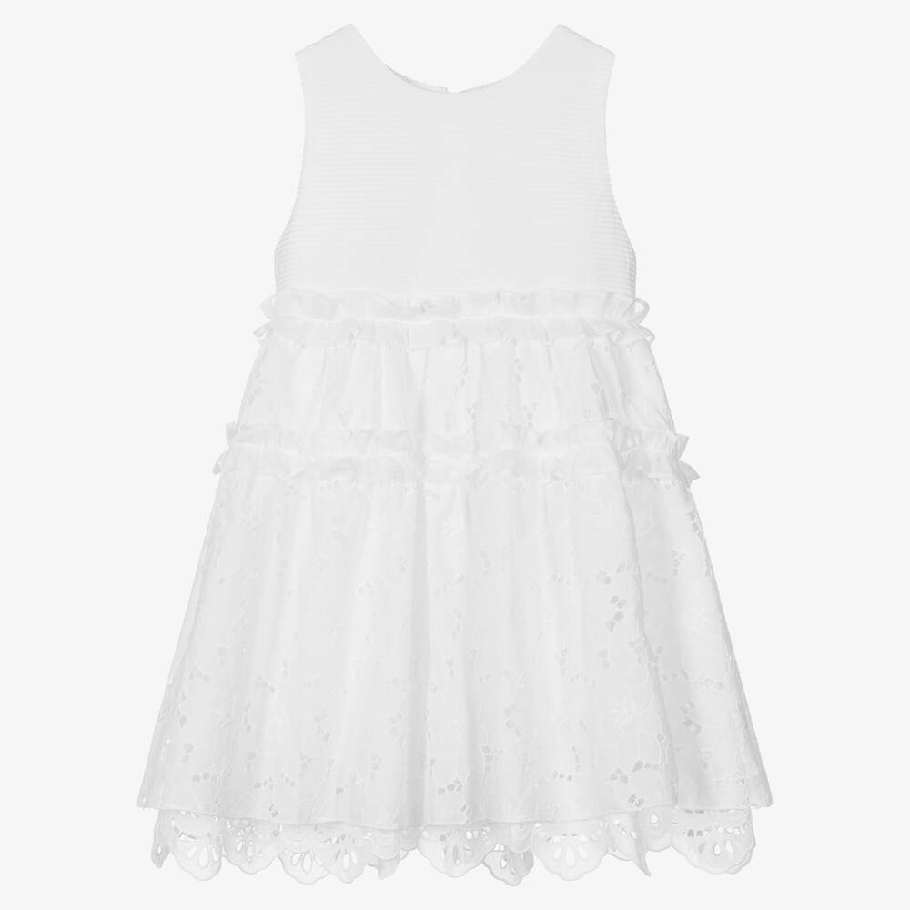 Lapin House - Белое хлопковое платье с цветочным кружевным узором | Childrensalon