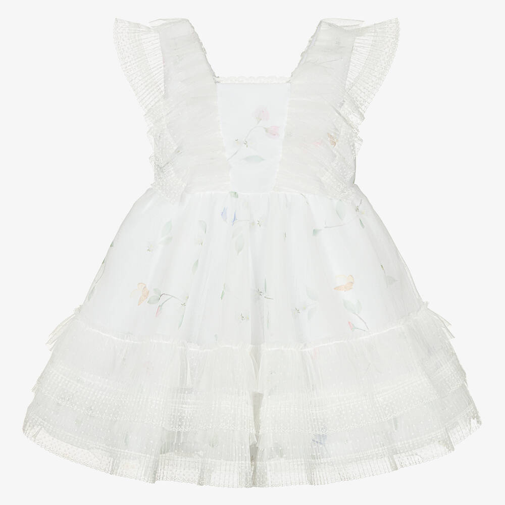 Lapin House - Girls White Floral Tulle Plissé Dress | Childrensalon