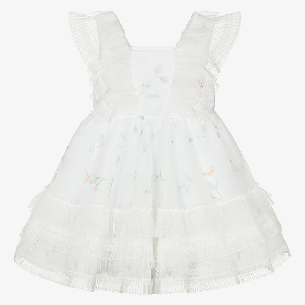 Lapin House-Белое платье из тюля с плиссировкой и цветами | Childrensalon Outlet