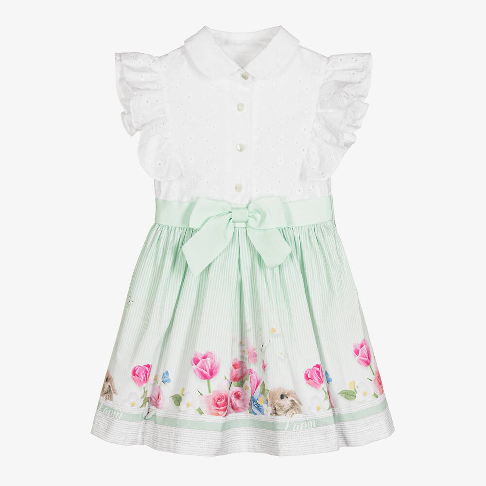 Lapin House - Бело-зеленое платье из хлопка в полоску | Childrensalon