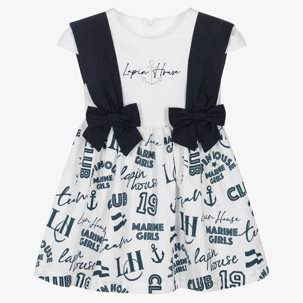 Lapin House - Girls White & Navy Blue Cotton Dress | Childrensalon
