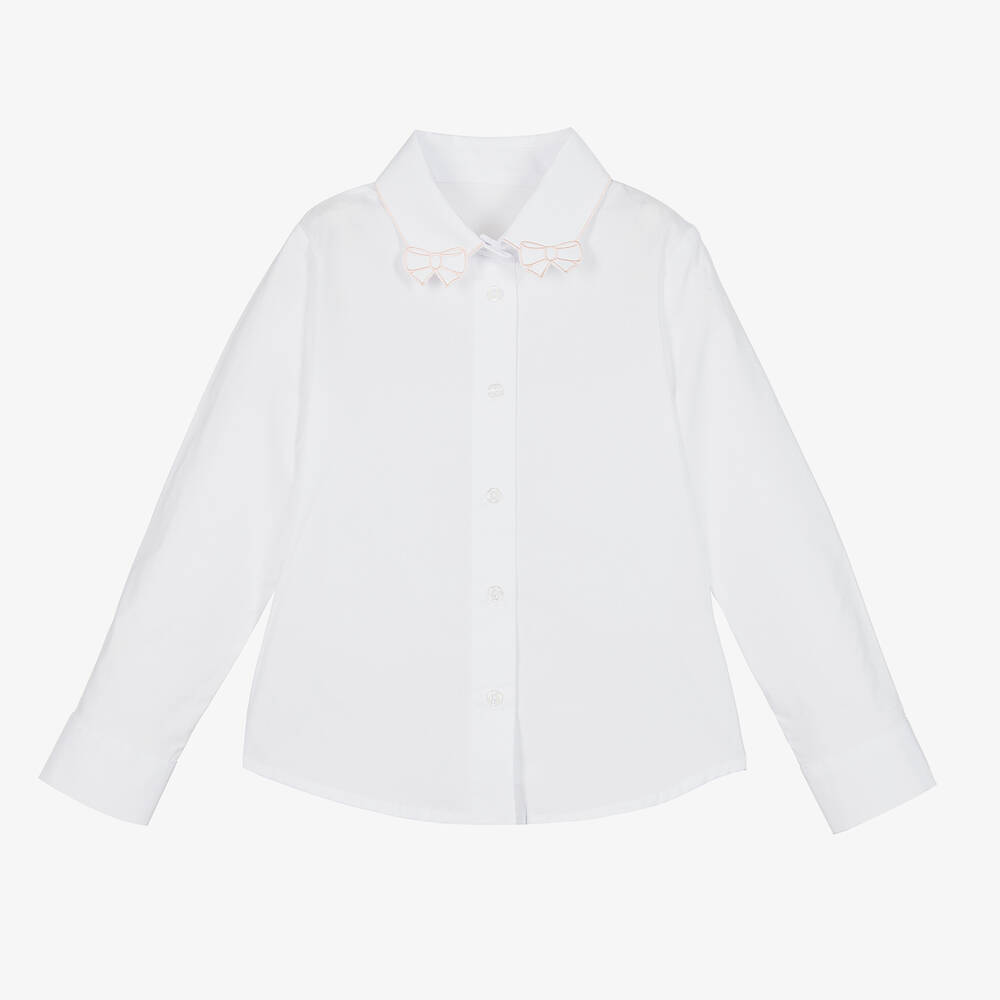 Lapin House-Girls White & Pink Bow Collar Blouse | Childrensalon Outlet