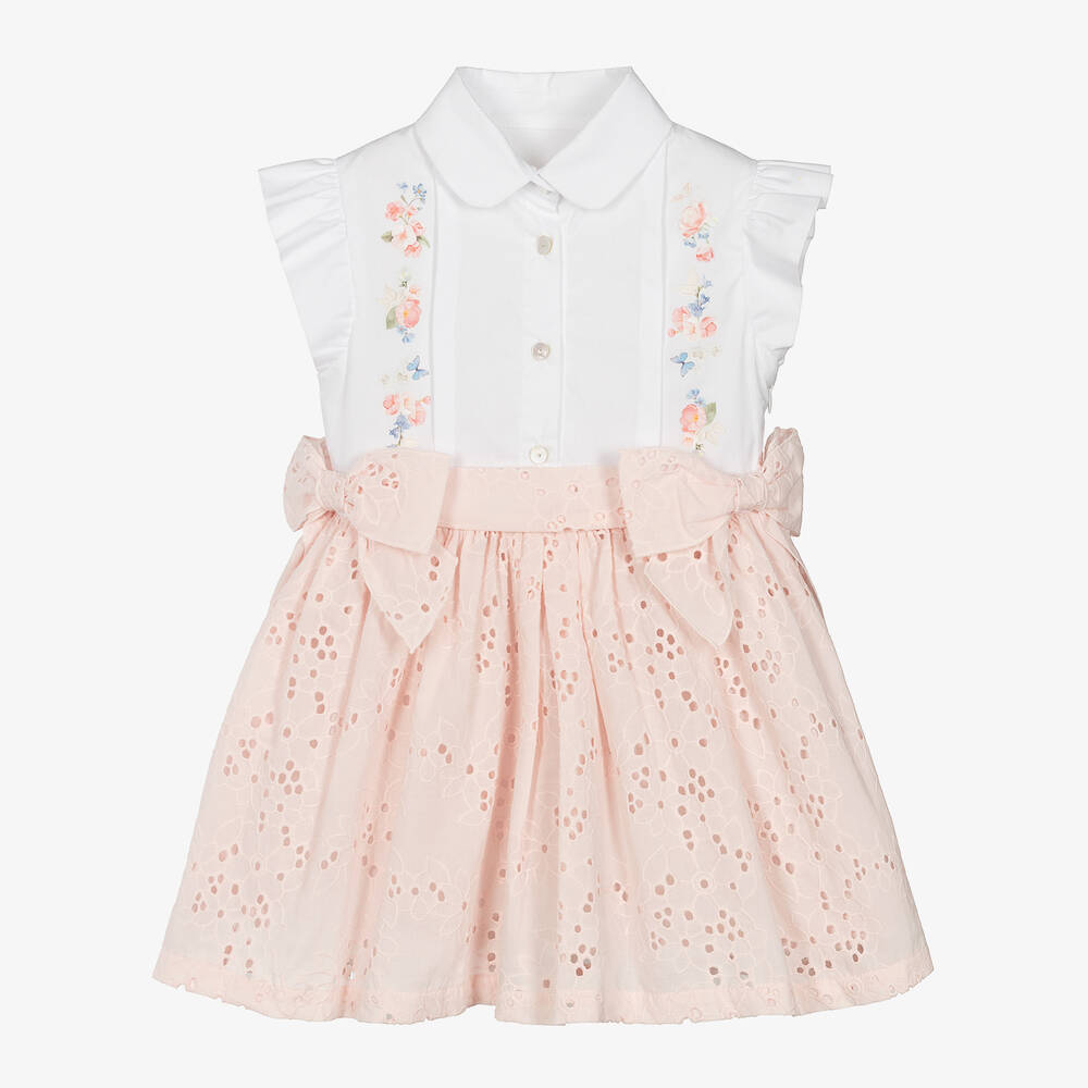 Lapin House-Girls White & Pink Broderie Cotton Dress | Childrensalon Outlet