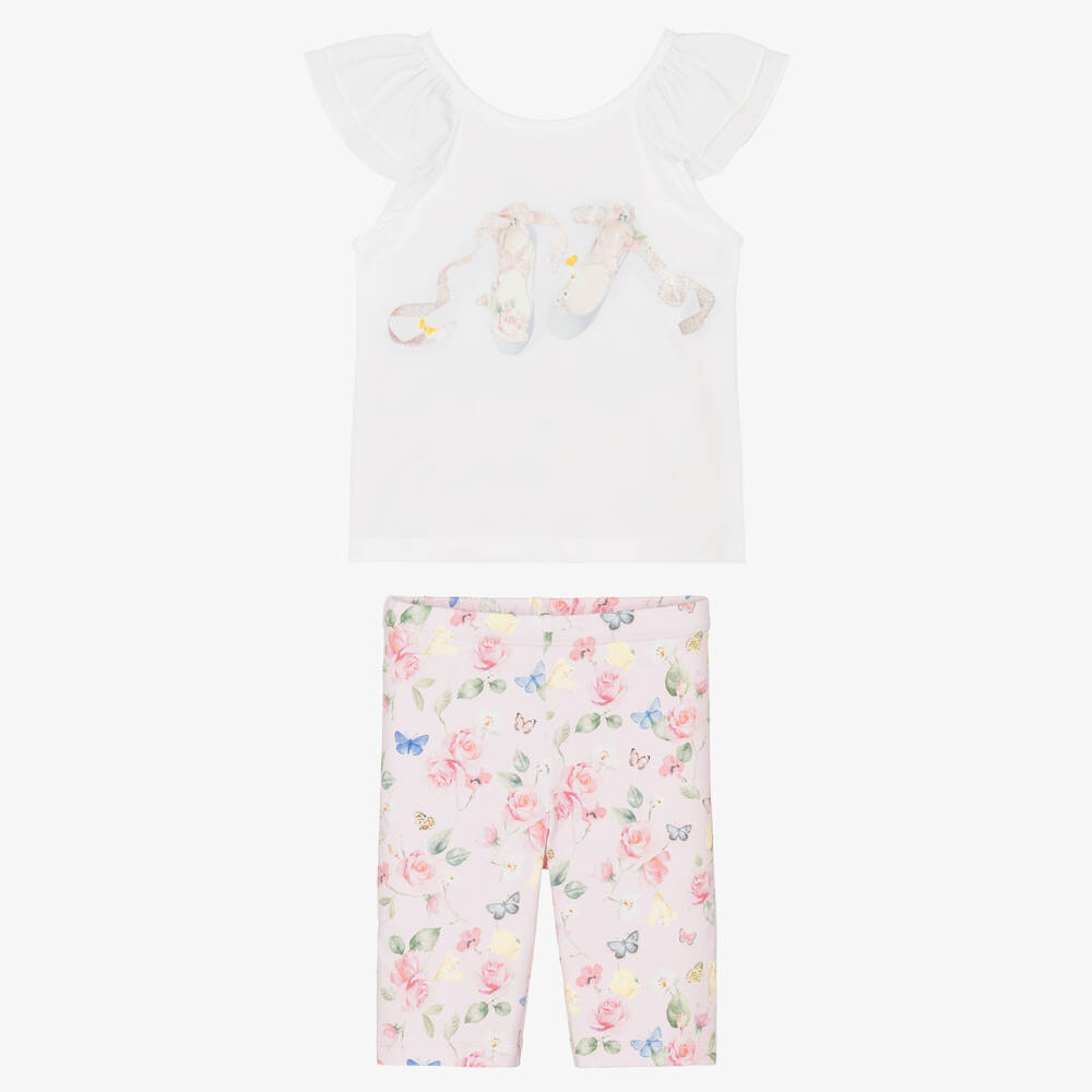 Lapin House-Girls White & Pink Cotton Floral Shorts Set | Childrensalon Outlet