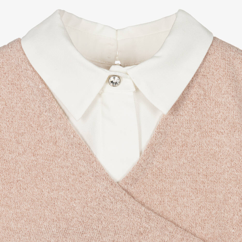 لابين هاوس-طقم فستان بكسرات مزيج قطن لون أبيض وزهري | Childrensalon Outlet