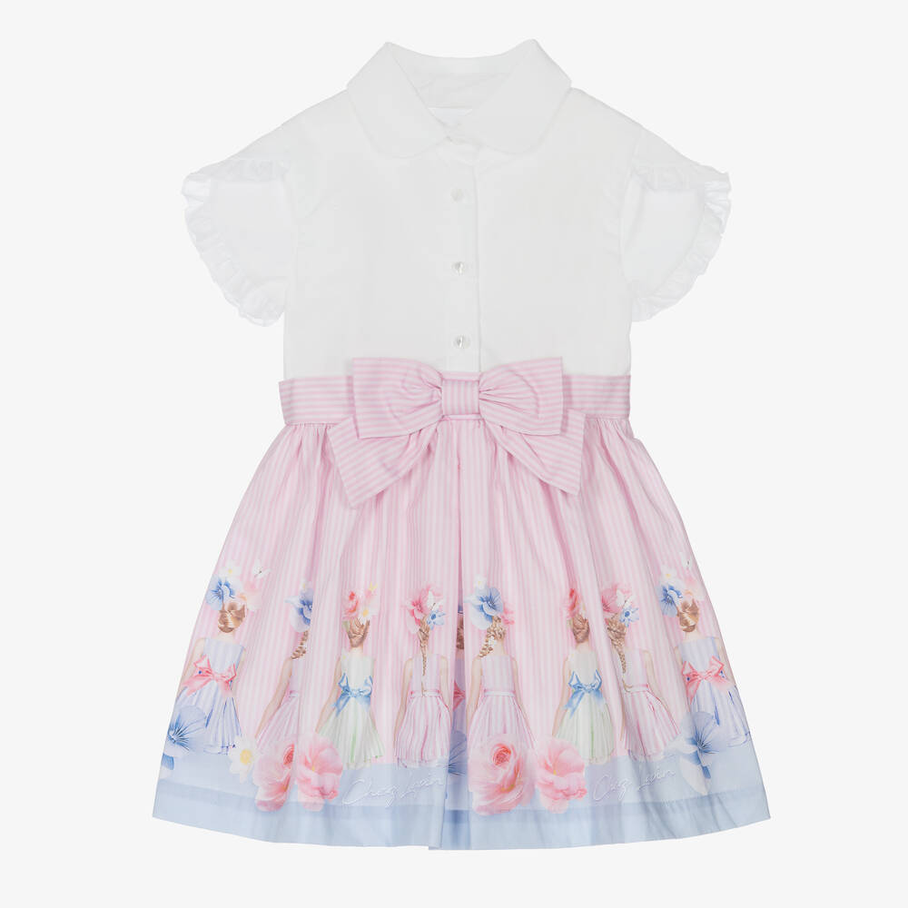 Lapin House - Robe blanche et rose rayée fille | Childrensalon