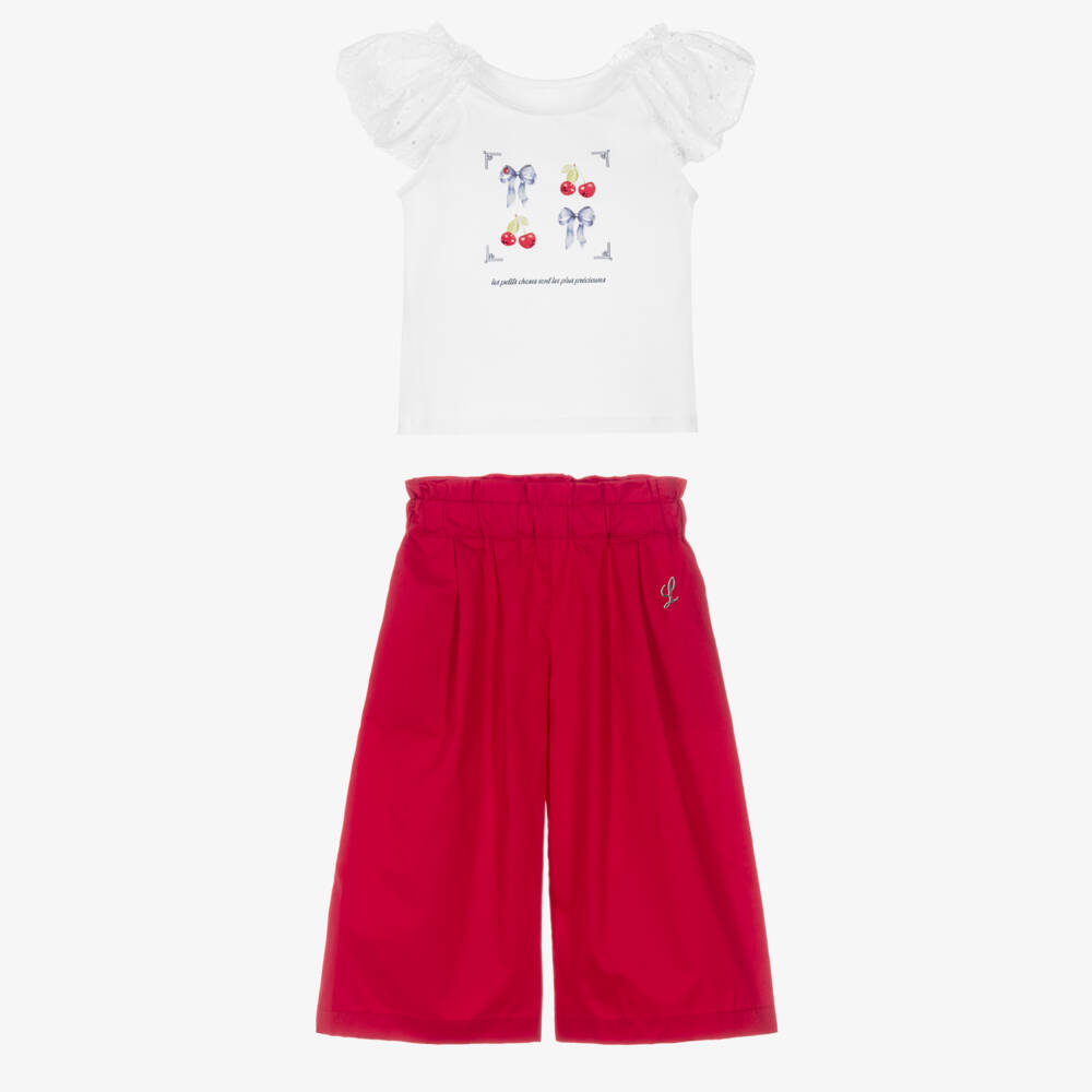 Lapin House-Girls White & Red Cotton Trouser Set | Childrensalon Outlet