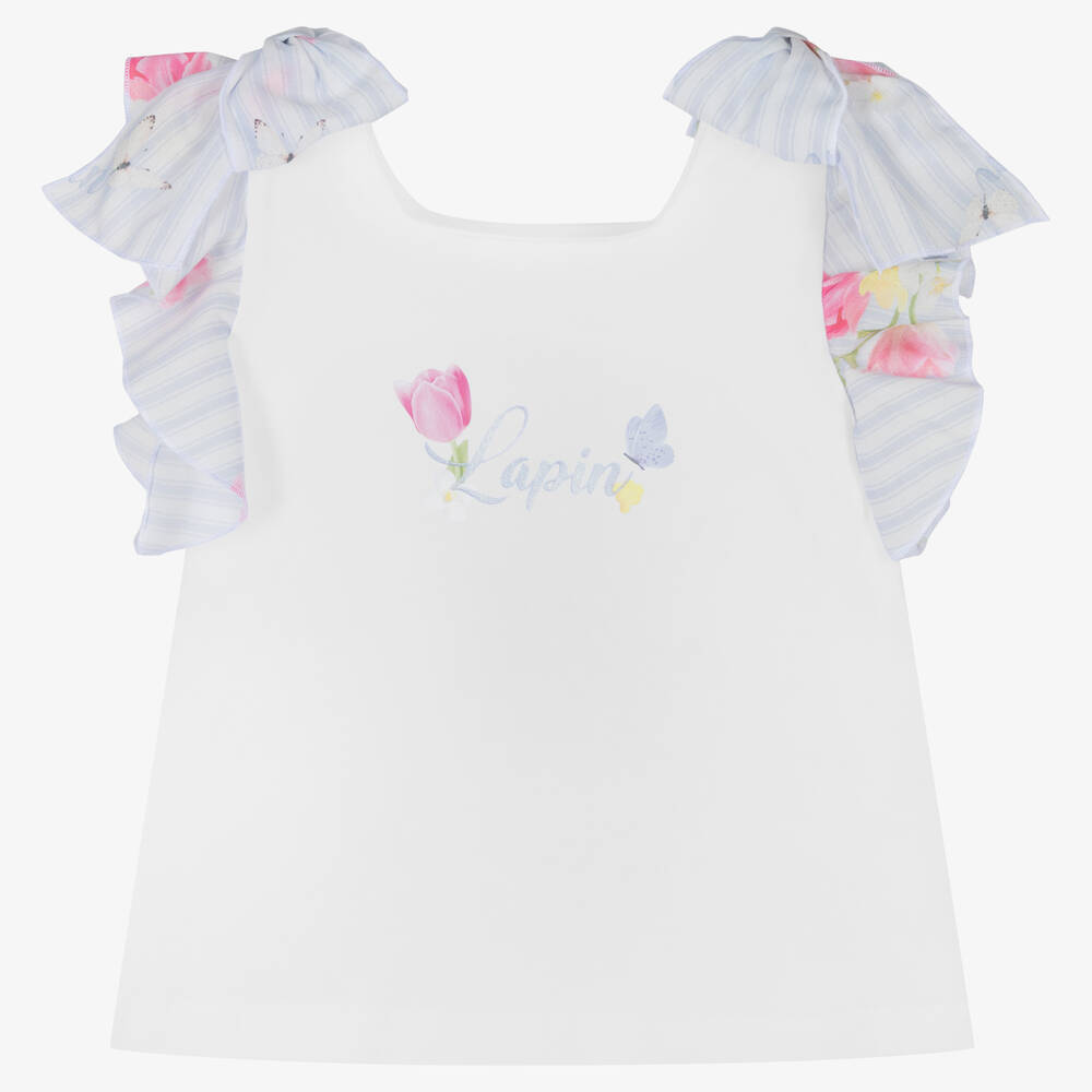 Lapin House - Girls White Ruffle Sleeve T-Shirt | Childrensalon