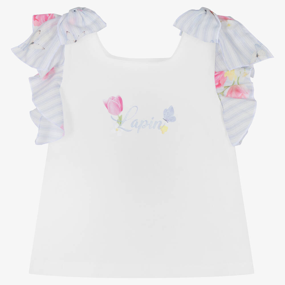 Lapin House-Girls White Ruffle Sleeve T-Shirt | Childrensalon Outlet