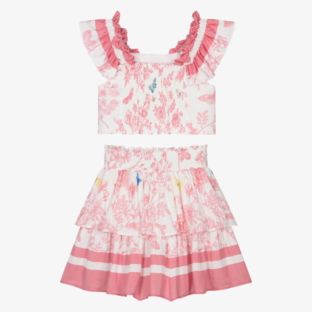 Lapin House-Girls White Skirt Set with Pink Floral Pattern | Childrensalon Outlet
