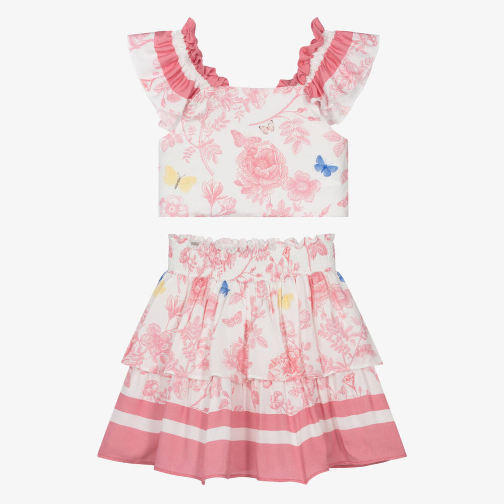 Lapin House-Girls White Skirt Set with Pink Floral Pattern | Childrensalon Outlet
