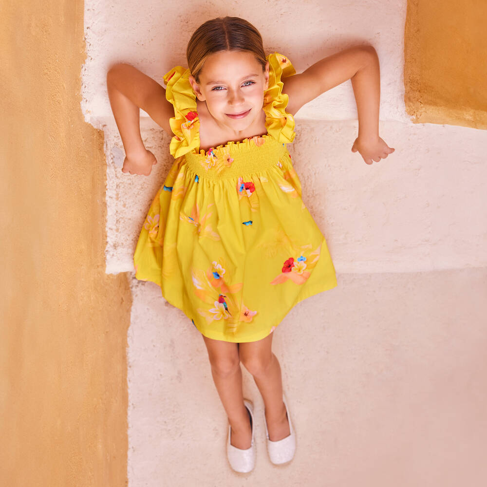 Lapin House-Girls Yellow Flower Print Cotton Dress | Childrensalon Outlet