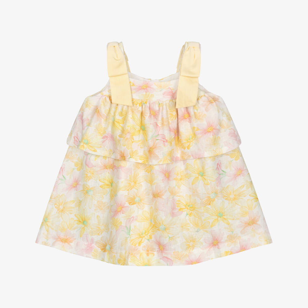 Lapin House-Girls Yellow & Pink Floral Linen Dress | Childrensalon Outlet