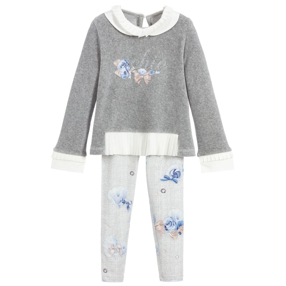 Lapin House-Серый комплект из топа и легинсов с голубыми розами | Childrensalon Outlet