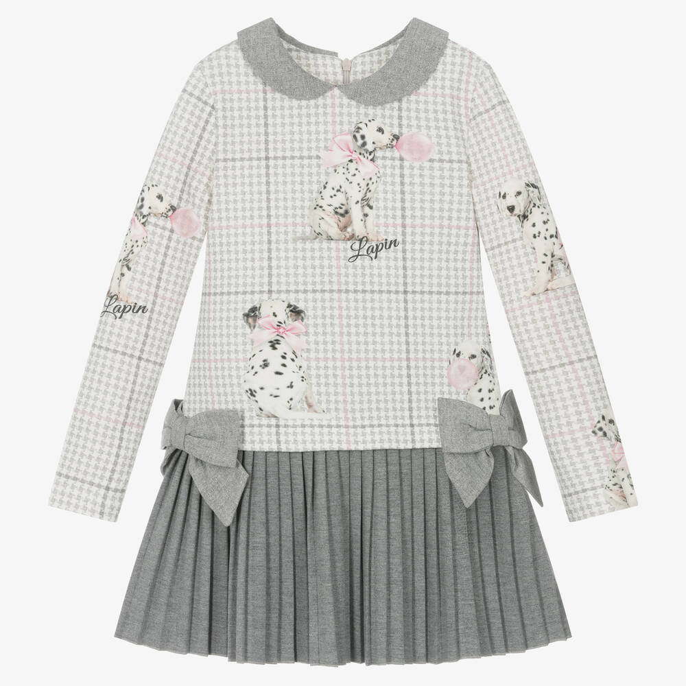 Lapin House - Серое хлопковое платье в гусиную лапку с далматинцами | Childrensalon