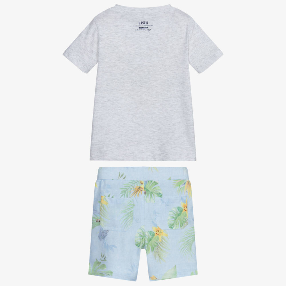 Lapin House-شورت وتيشيرت قطن جيرسي وبيكيه لون رمادي وأزرق | Childrensalon Outlet