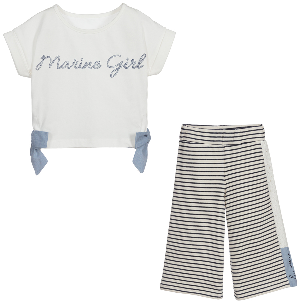 لابين هاوس-بنطلون كولوت وتيشيرت مزيج قطن لون عاجي وأزرق | Childrensalon Outlet