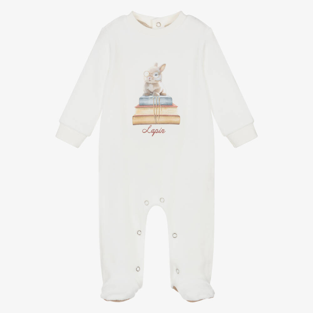 Lapin House-Ivory Velour Bunny & Books Babysuit with Corduroy Trims | Childrensalon Outlet