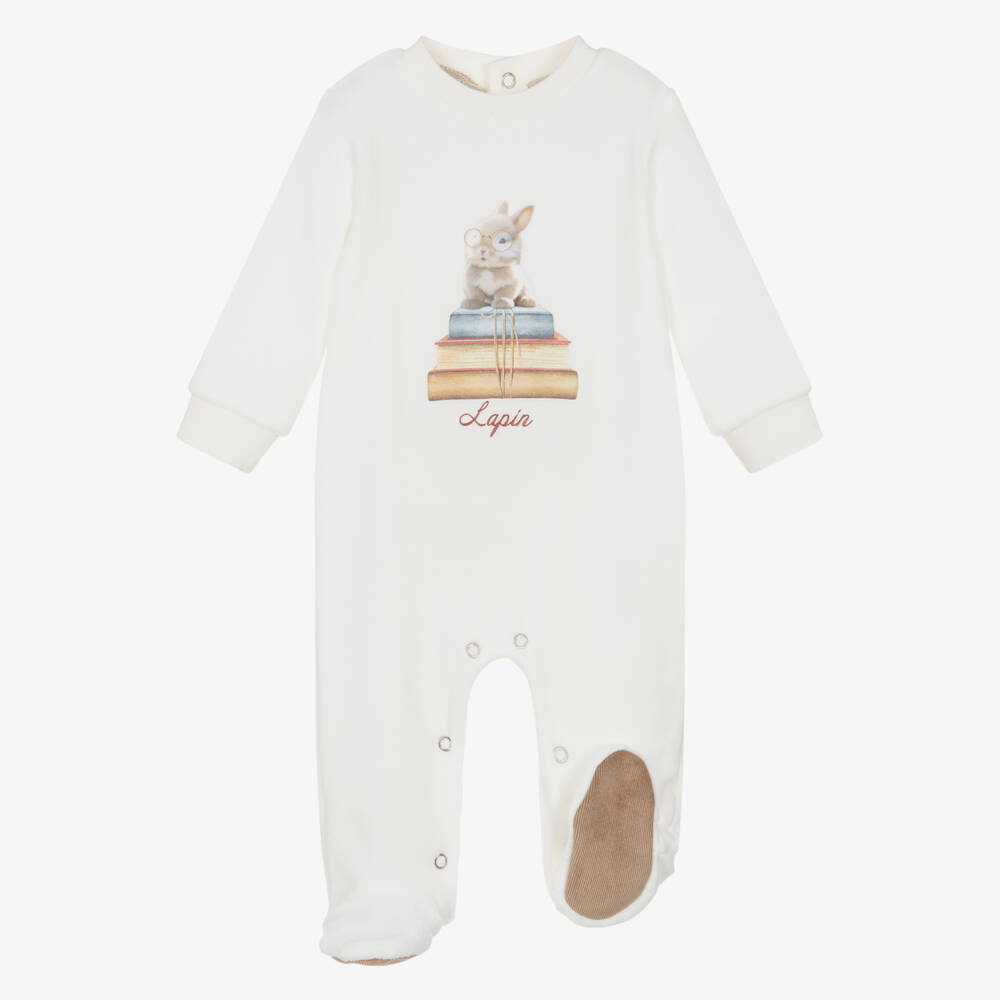 Lapin House-Ivory Velour Bunny & Books Babysuit with Corduroy Trims | Childrensalon Outlet