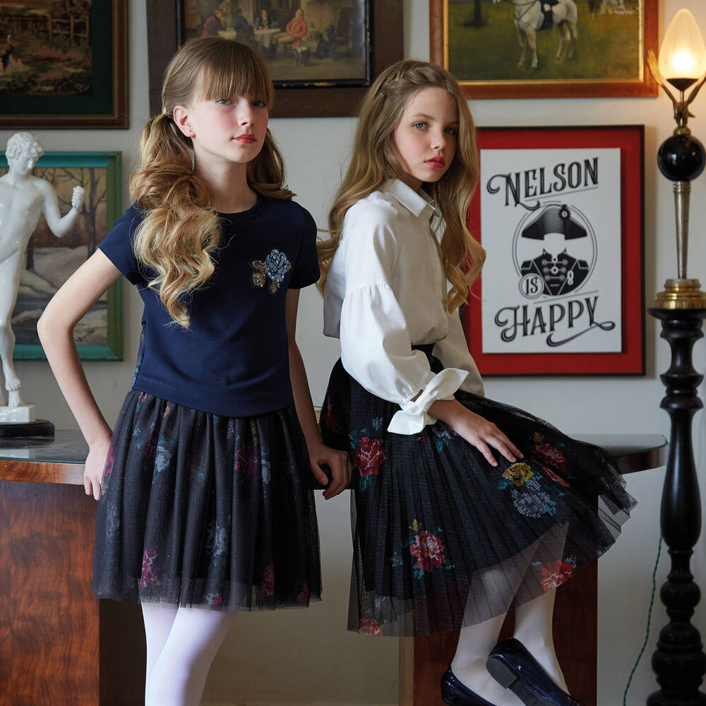 Lapin House-Navy Blue Floral Tulle Skirt | Childrensalon Outlet