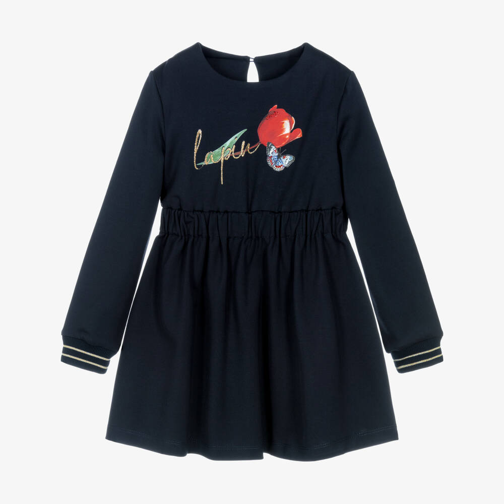Lapin House-Navy Flower Ls Dress | Childrensalon Outlet