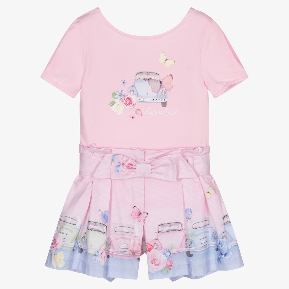 Lapin House - Розовая футболка и шорты с цветами и машинками | Childrensalon