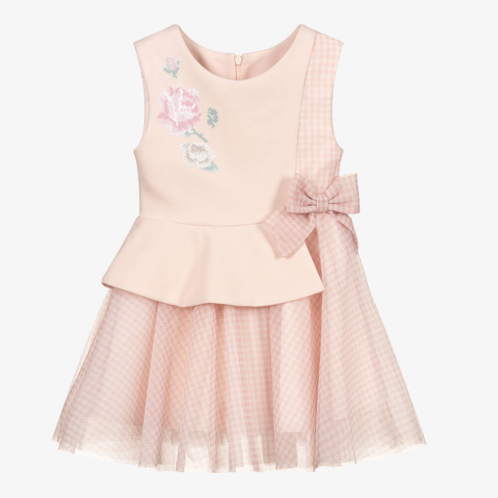 Lapin House - Rosa Tüllkleid mit Hahnentrittmuster | Childrensalon