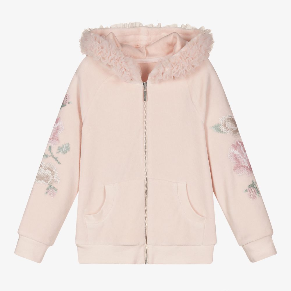 Lapin House - Pink Velour Zip-Up Hooded Top | Childrensalon