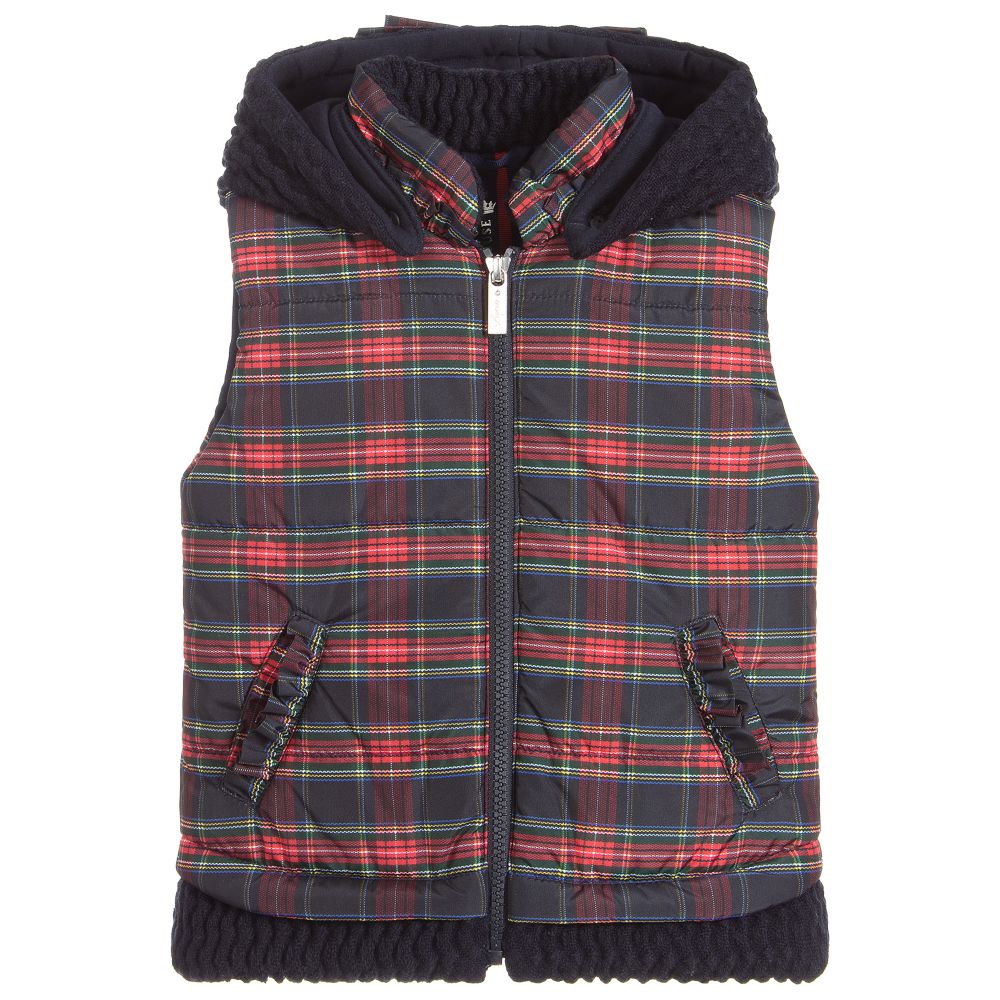 Lapin House - Red & Blue Hooded Tartan Gilet | Childrensalon