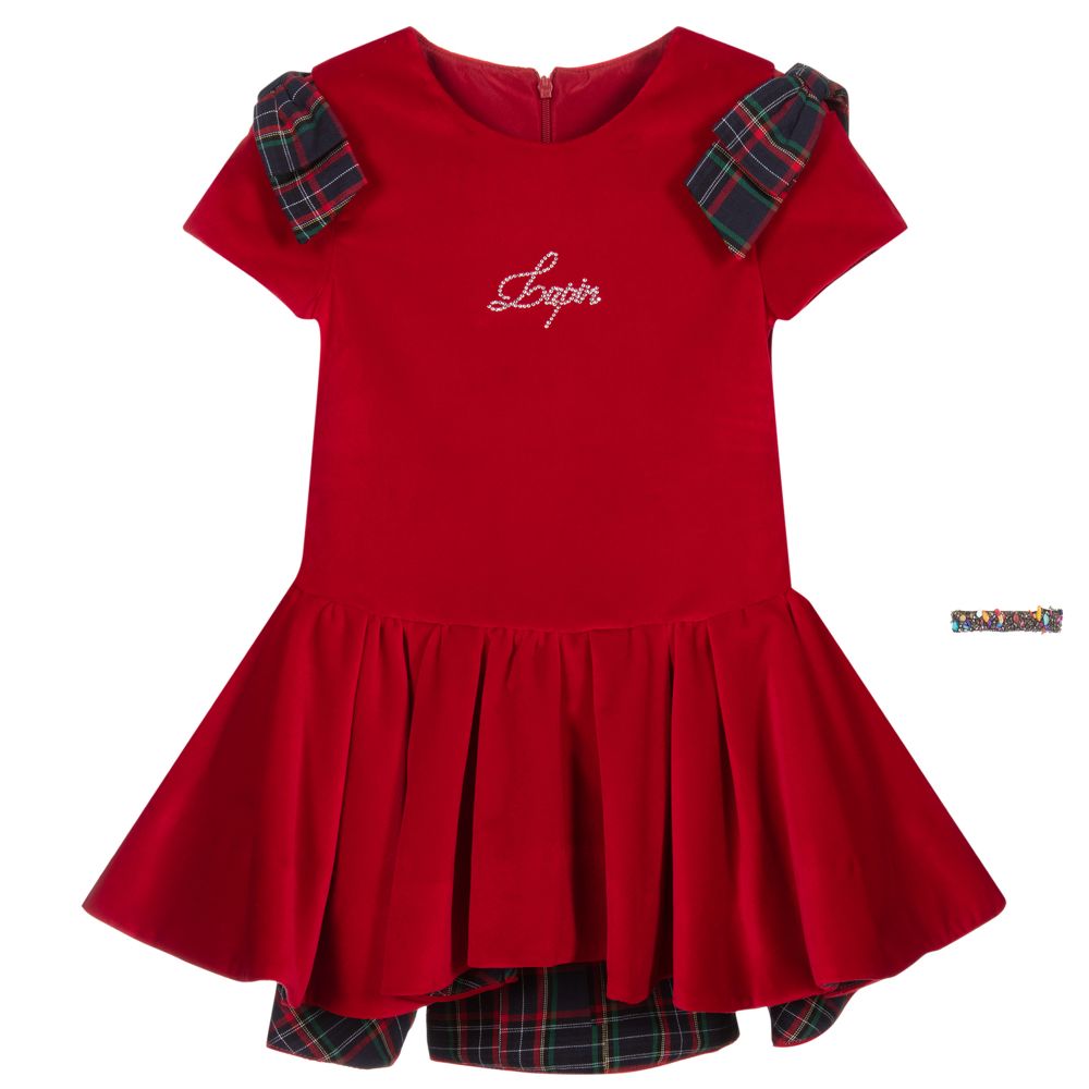 Lapin House - فستان تارتان قطن مخمل لون أحمر | Childrensalon