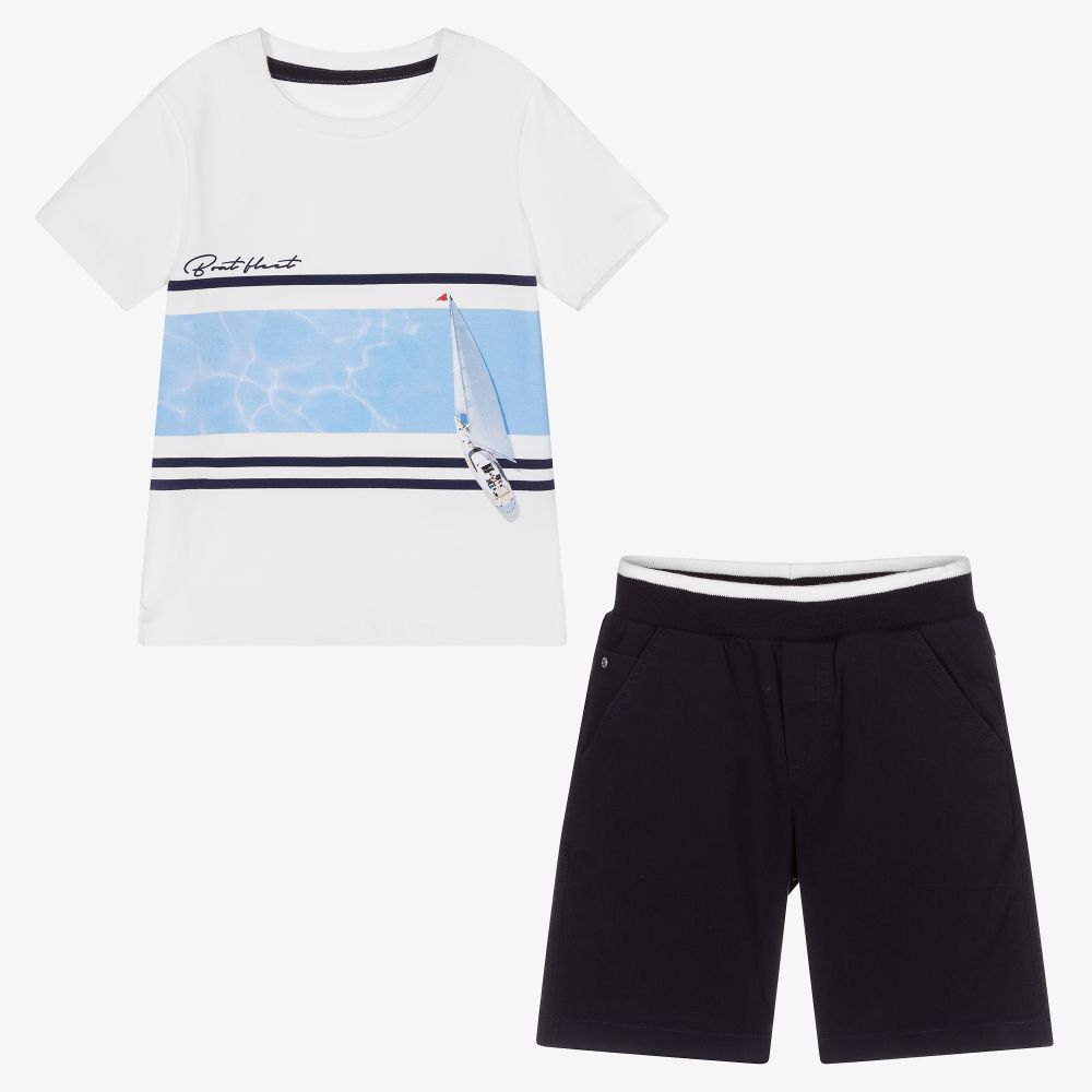Lapin House-White & Blue Cotton Shorts Set | Childrensalon Outlet