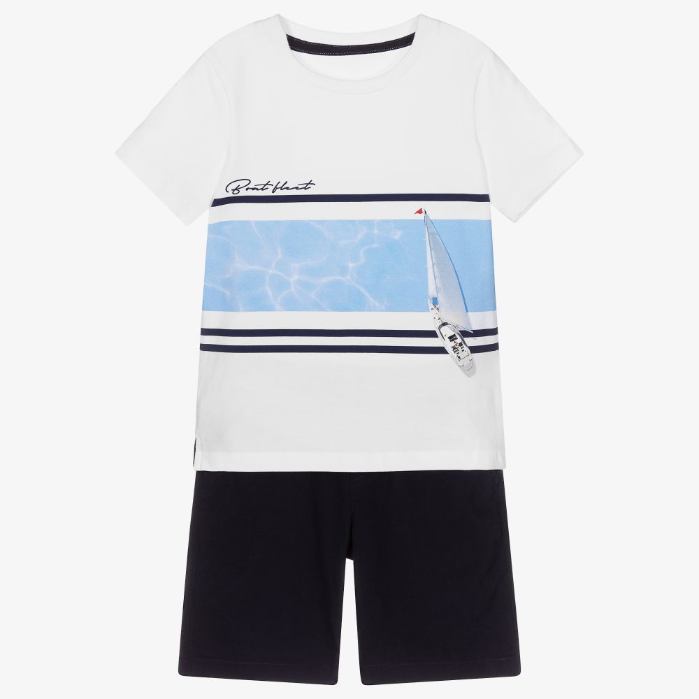 Lapin House - White & Blue Cotton Shorts Set | Childrensalon