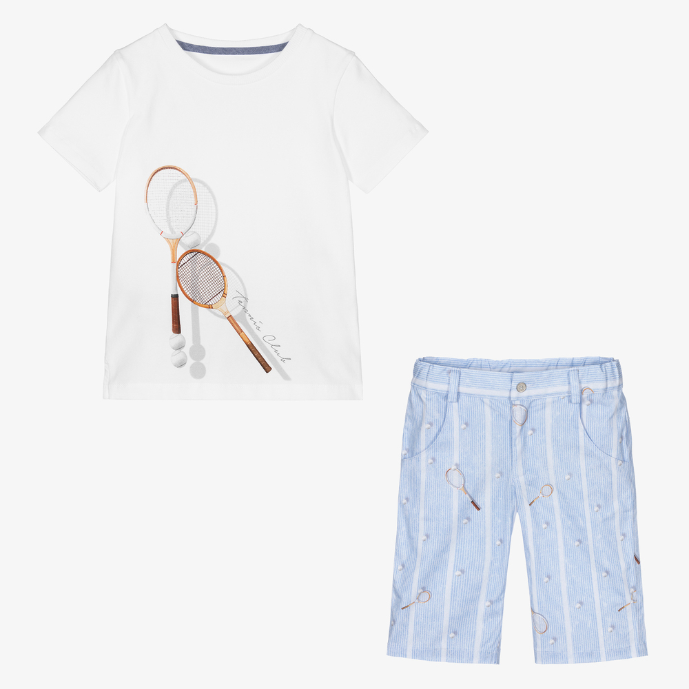 Lapin House-White & Blue Cotton Shorts Set | Childrensalon Outlet