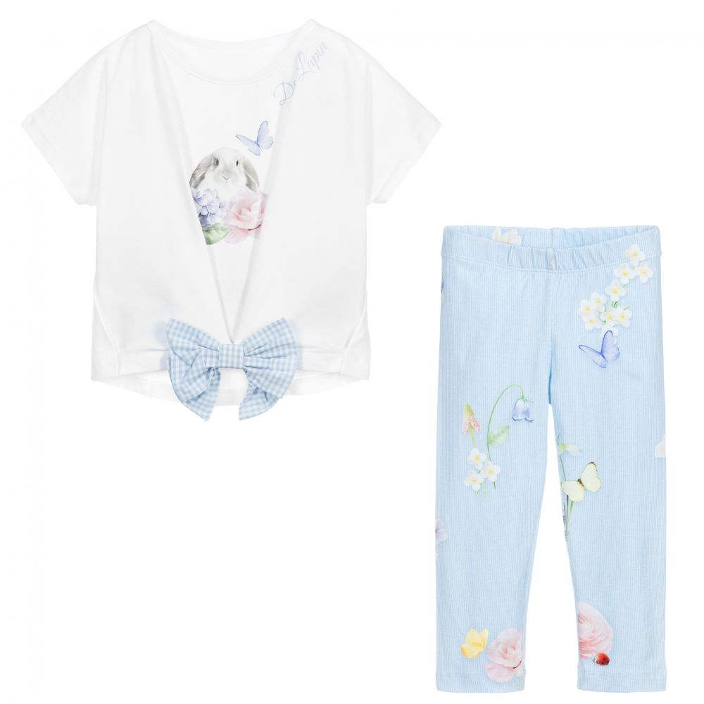 Lapin House-طقم ليغنغز وتوب قطن جيرسي لون أبيض وأزرق للبنات | Childrensalon Outlet