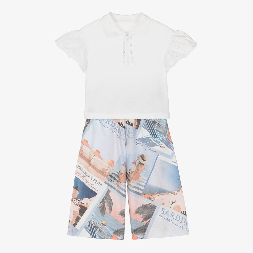 Lapin House - White & Blue Postcard Print Trouser Set | Childrensalon