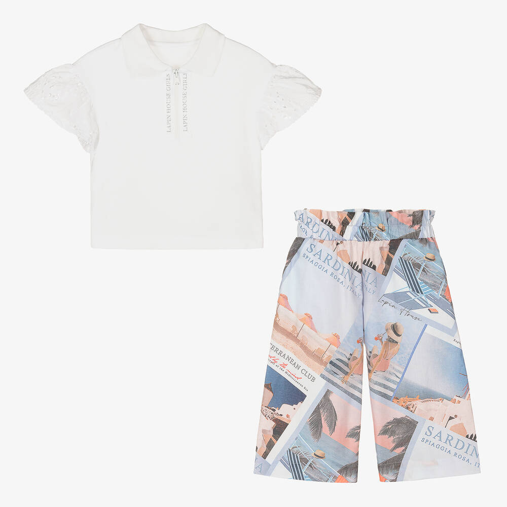 Lapin House-White & Blue Postcard Print Trouser Set | Childrensalon Outlet
