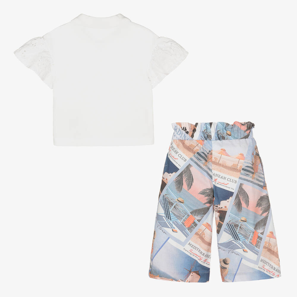 Lapin House-White & Blue Postcard Print Trouser Set | Childrensalon Outlet