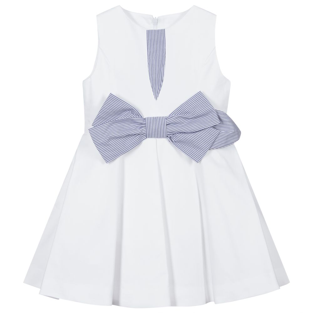 Lapin House - فستان قطن لون أبيض وكحلي مزين بفيونكة | Childrensalon