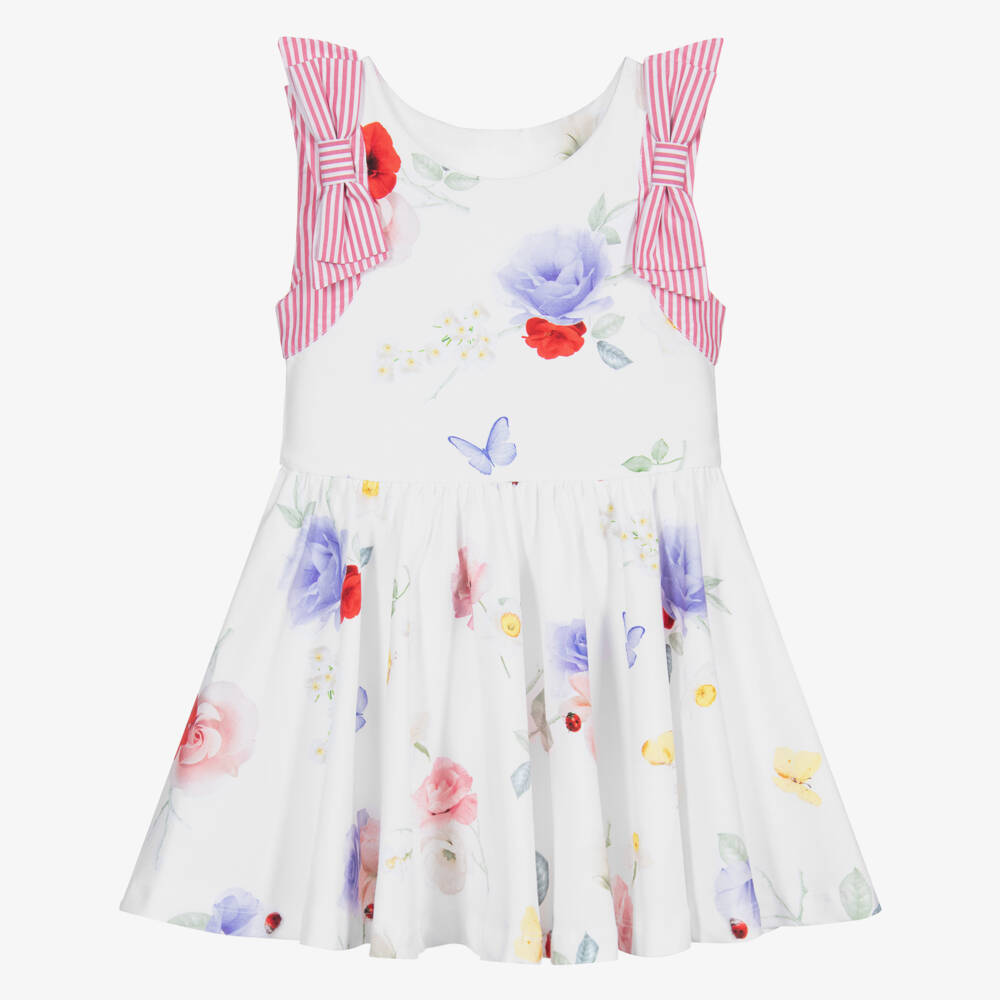 Lapin House-فستان قطن جيرسي لون أبيض بطبعة ورود | Childrensalon Outlet