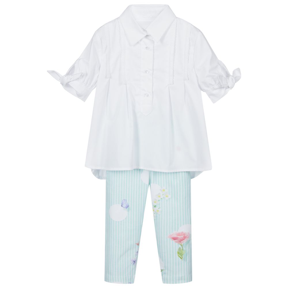 Lapin House-ليغنغز قصير قطن جيرسي وتوب بوبلين لون أبيض وأخضر | Childrensalon Outlet