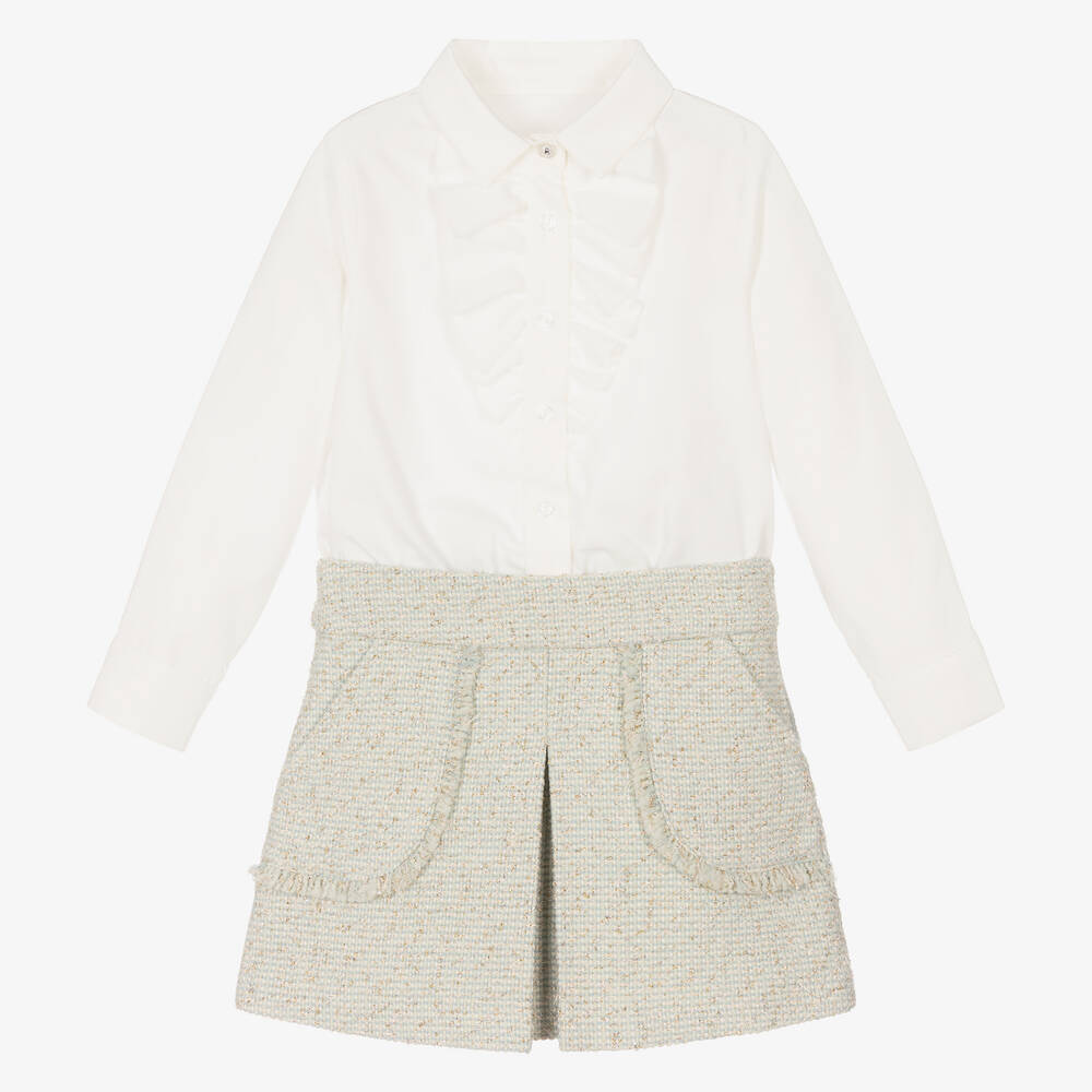 Lapin House - Белая блузка и зеленая юбка из твида | Childrensalon