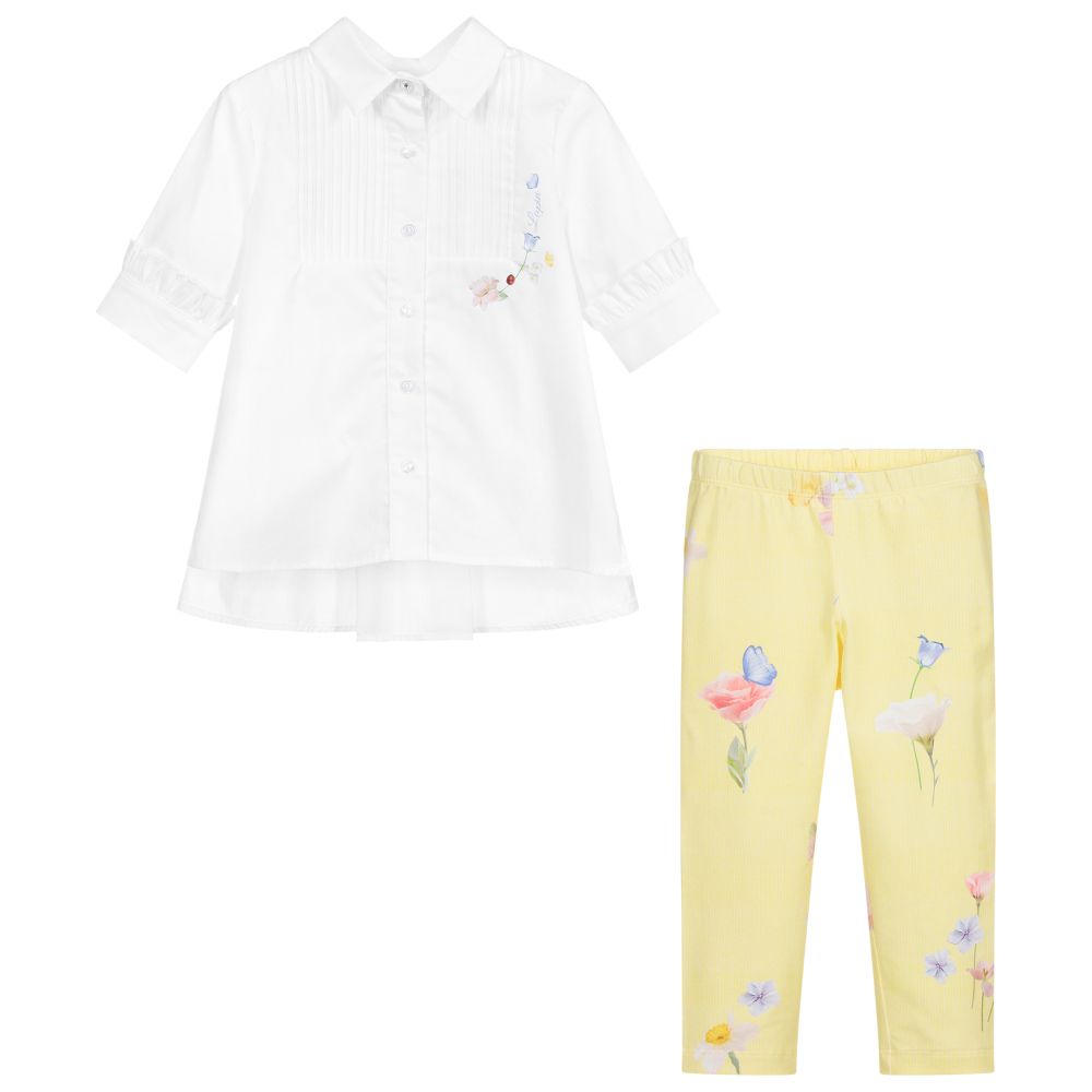 Lapin House-طقم ليغنغز وبلوز قطن لون أبيض وأصفر | Childrensalon Outlet