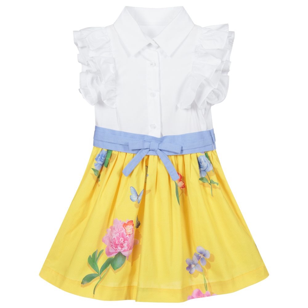 Lapin House - Baumwollkleid in Gelb und Weiß | Childrensalon